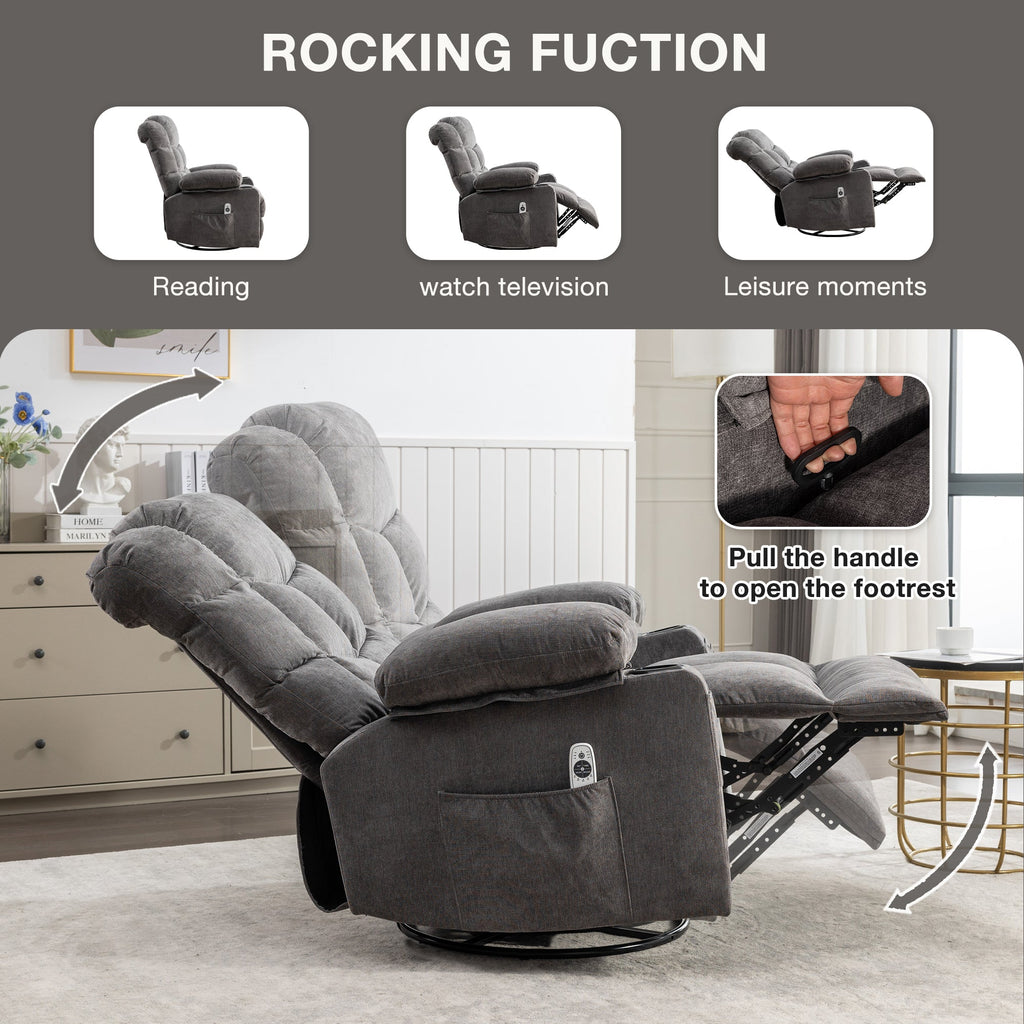 Massage Rocker Recliner Chair Rocking Chairs for Adults Oversized with 2 Cup Holders, USB Charge Port Soft Features a Manual Massage and Heat.(A+B)GREY