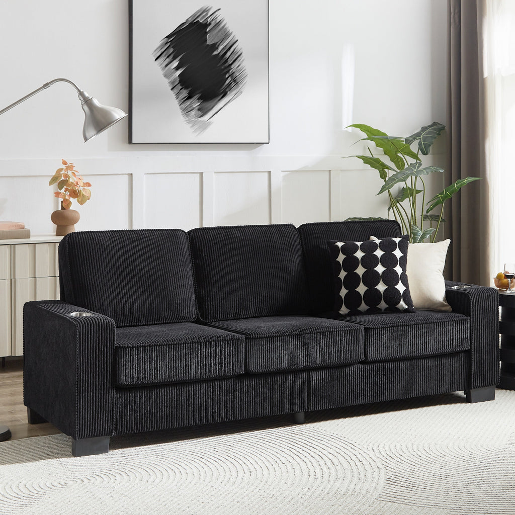Modern Corduroy Fabric Sofa, 3-Seater Compressed Couch with Cup Holders, Black, 84.25'