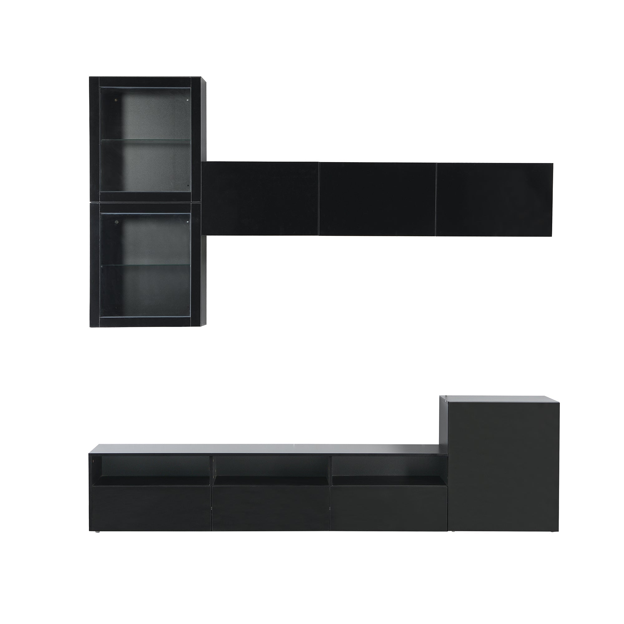ON-TREND High Gloss TV Stand with Ample Storage Space, Media Console for TVs Up to 78', Versatile Entertainment Center with Wall Mounted Floating Storage Cabinets for Living Room, Black