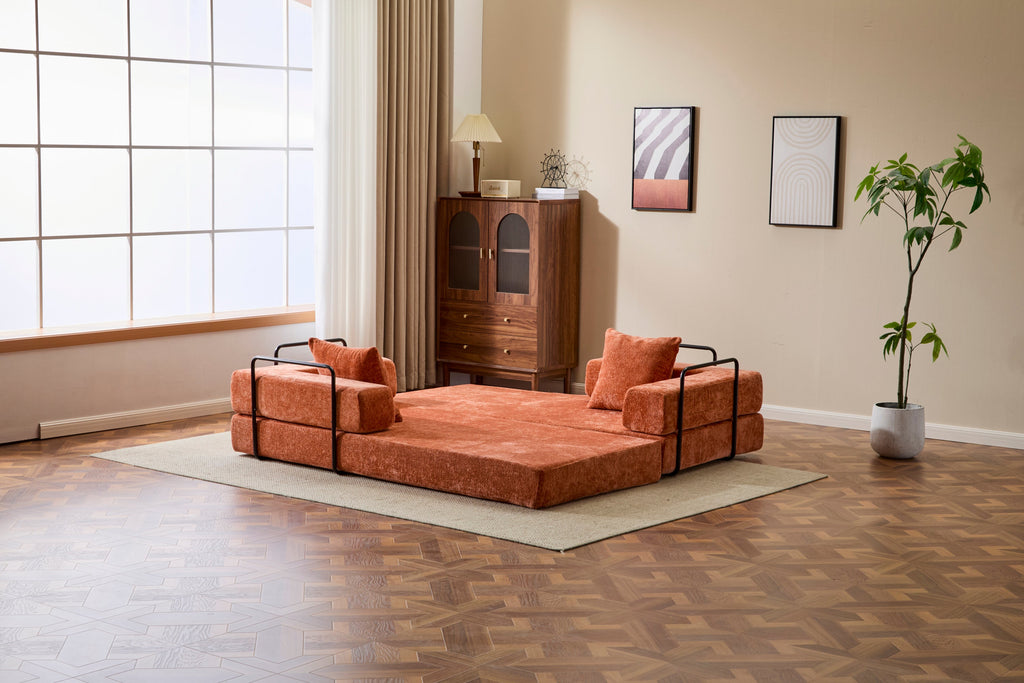 Floor Couch,Compression Sofa,Convertible Floor Sofa Bed-with Pillow Back Support Armrest,Comfy Futon Couch Lounge Sleeper Bed,chenille fabric,for Living Room Bedroom (orange)