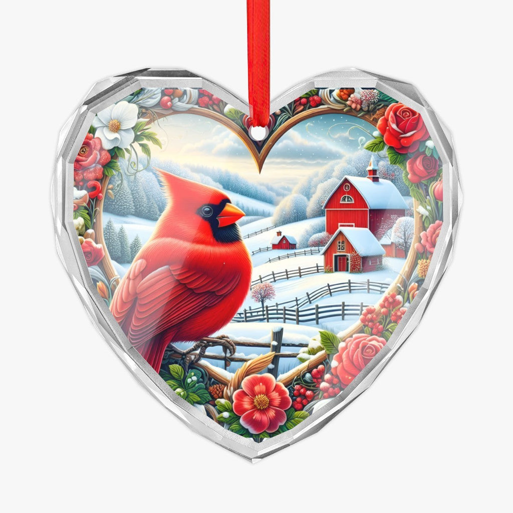 Red Cardinal Looking Over Winter Scene Christmas Glass Ornament