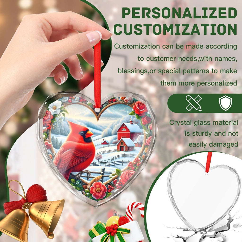 Red Cardinal Looking Over Winter Scene Christmas Glass Ornament