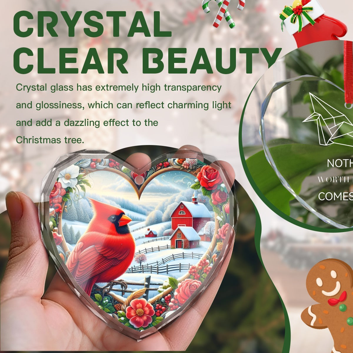 Red Cardinal Looking Over Winter Scene Christmas Glass Ornament