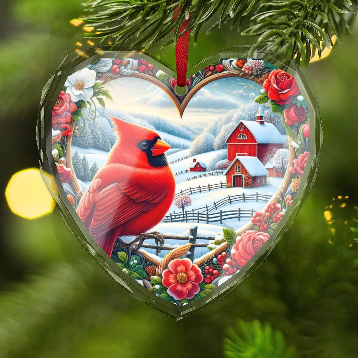 Red Cardinal Looking Over Winter Scene Christmas Glass Ornament