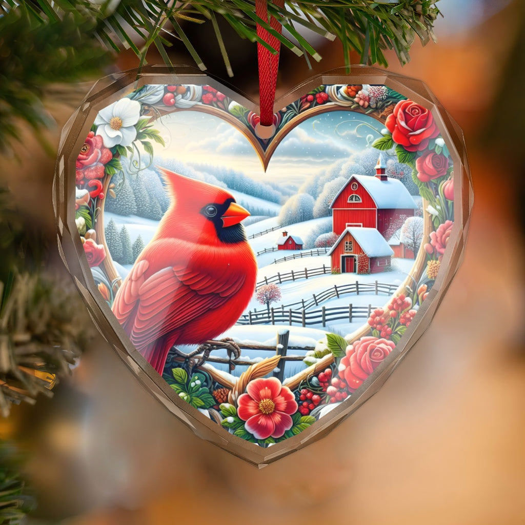 Red Cardinal Looking Over Winter Scene Christmas Glass Ornament