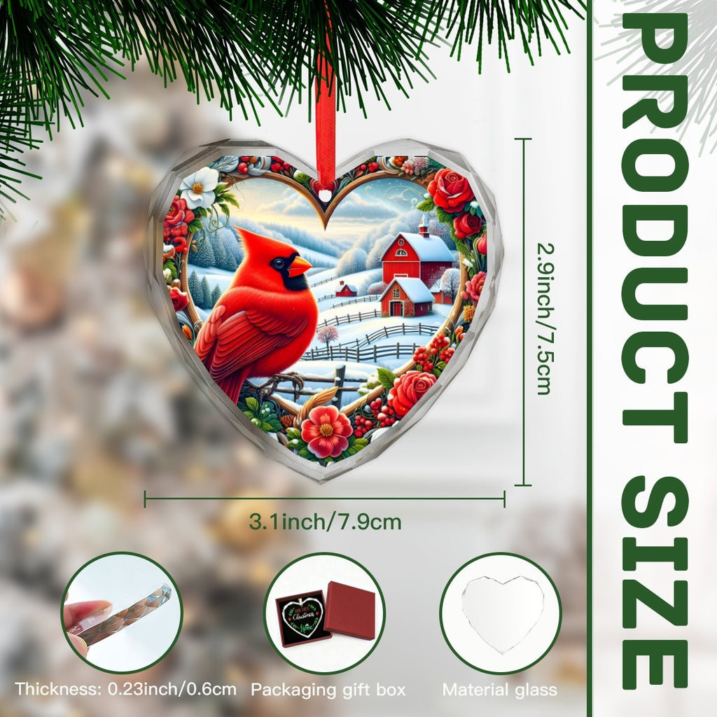 Red Cardinal Looking Over Winter Scene Christmas Glass Ornament