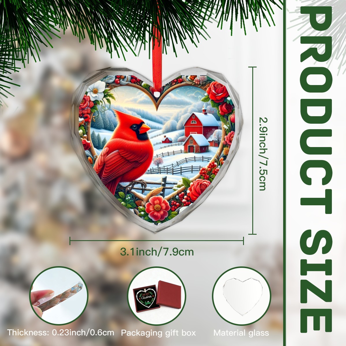 Red Cardinal Looking Over Winter Scene Christmas Glass Ornament