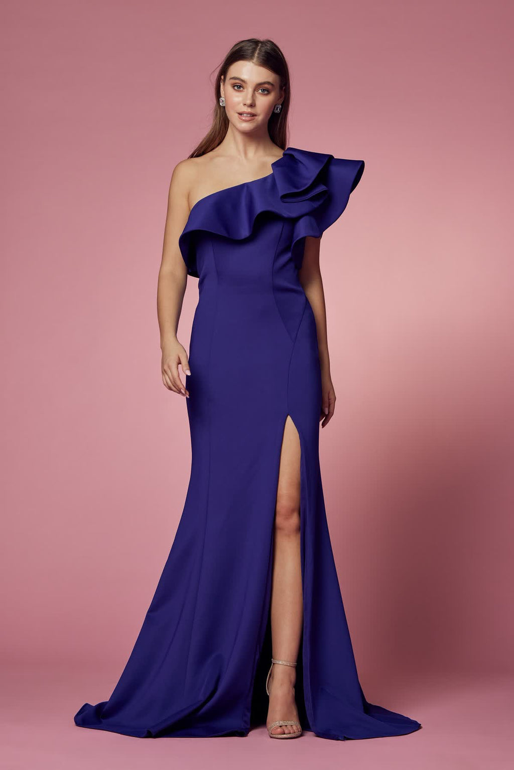 Sheath One Shoulder Festive Gown w/ Ruffled Overlay & Elegant Leg Slit NXE467