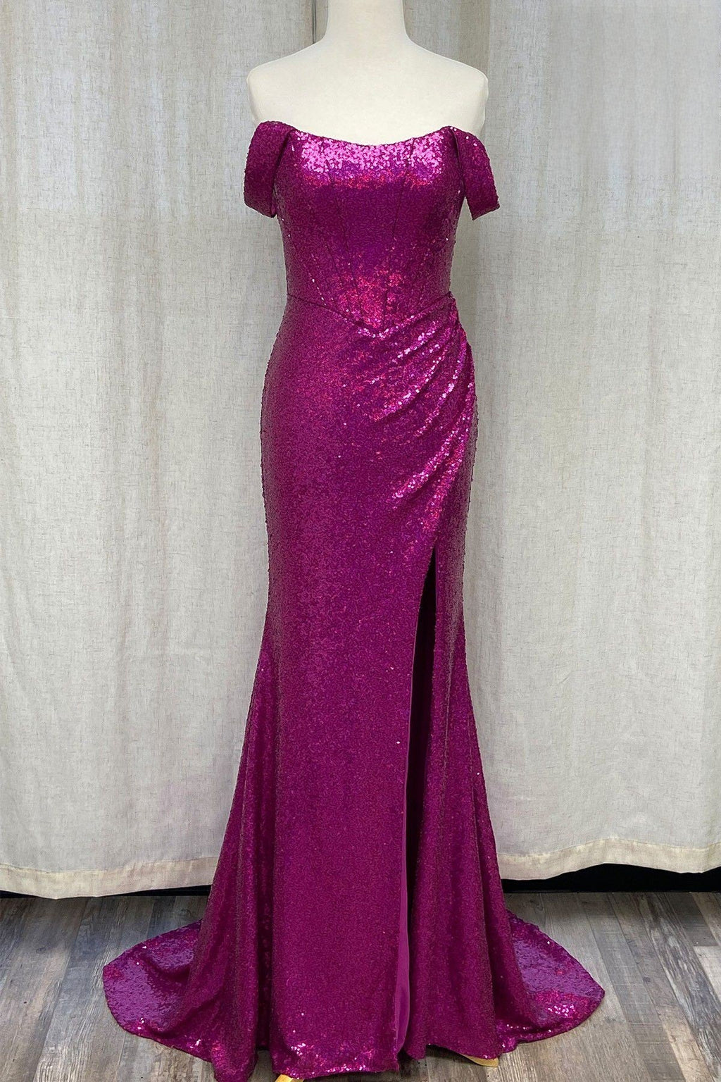 Off The Shoulder Sequins Embellished Evening Dress w/ Straight Across Neckline NXR1203