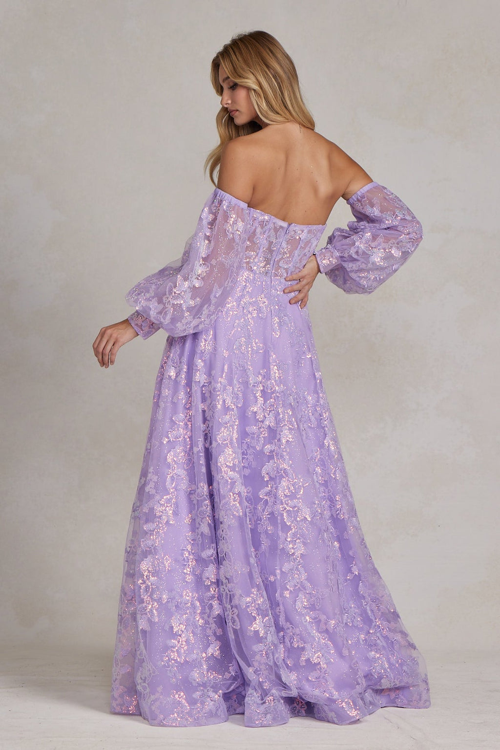 Off The Shoulder Stunning Gown w/ Sequins Embroidery & Long Puff Sleeves NXK1155