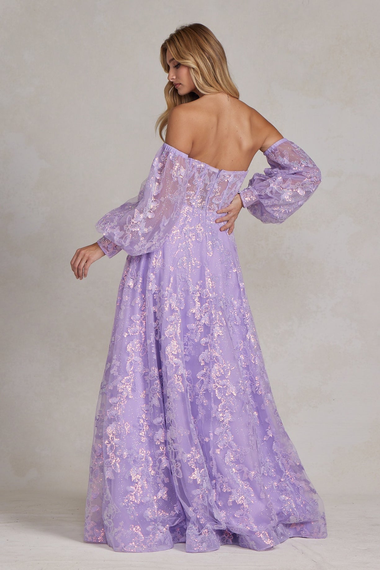 Off The Shoulder Stunning Gown w/ Sequins Embroidery & Long Puff Sleeves NXK1155