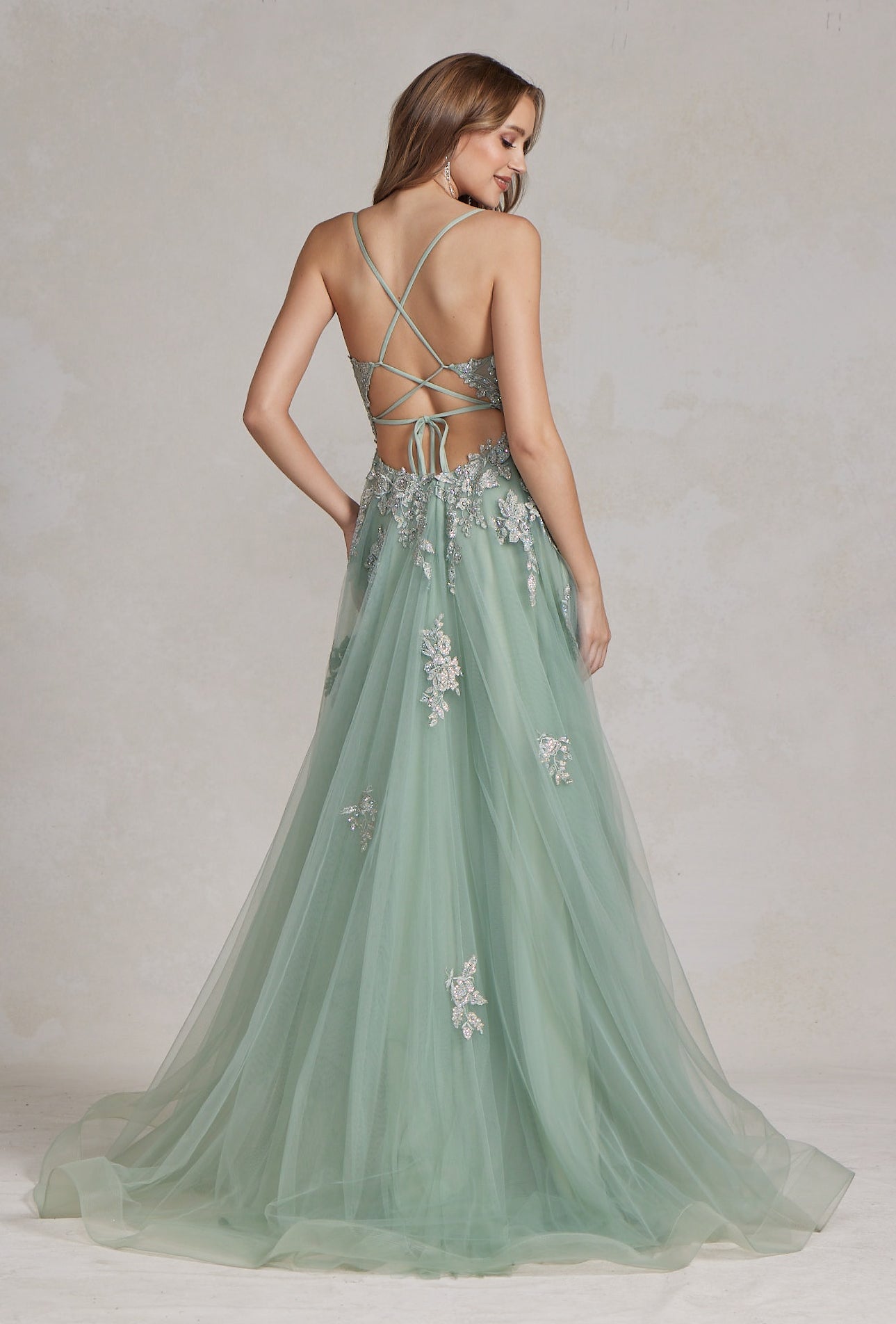 Romantic Floral Lace Embellished A-Line Graduation Dress w/ Charming Leg Slit NXG1149