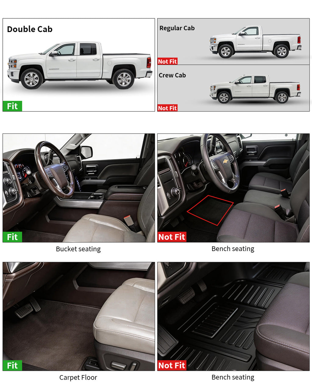 Umbrauto Custom Fit Floor Mats for Chevy Silverado/GMC Sierra Double Cab 1500 2014-2018, 2500HD/3500HD 2015-2019, All Weather TPE Truck Floor Liners for Carpet Floor, Front&Rear Row, Footwell Coverage