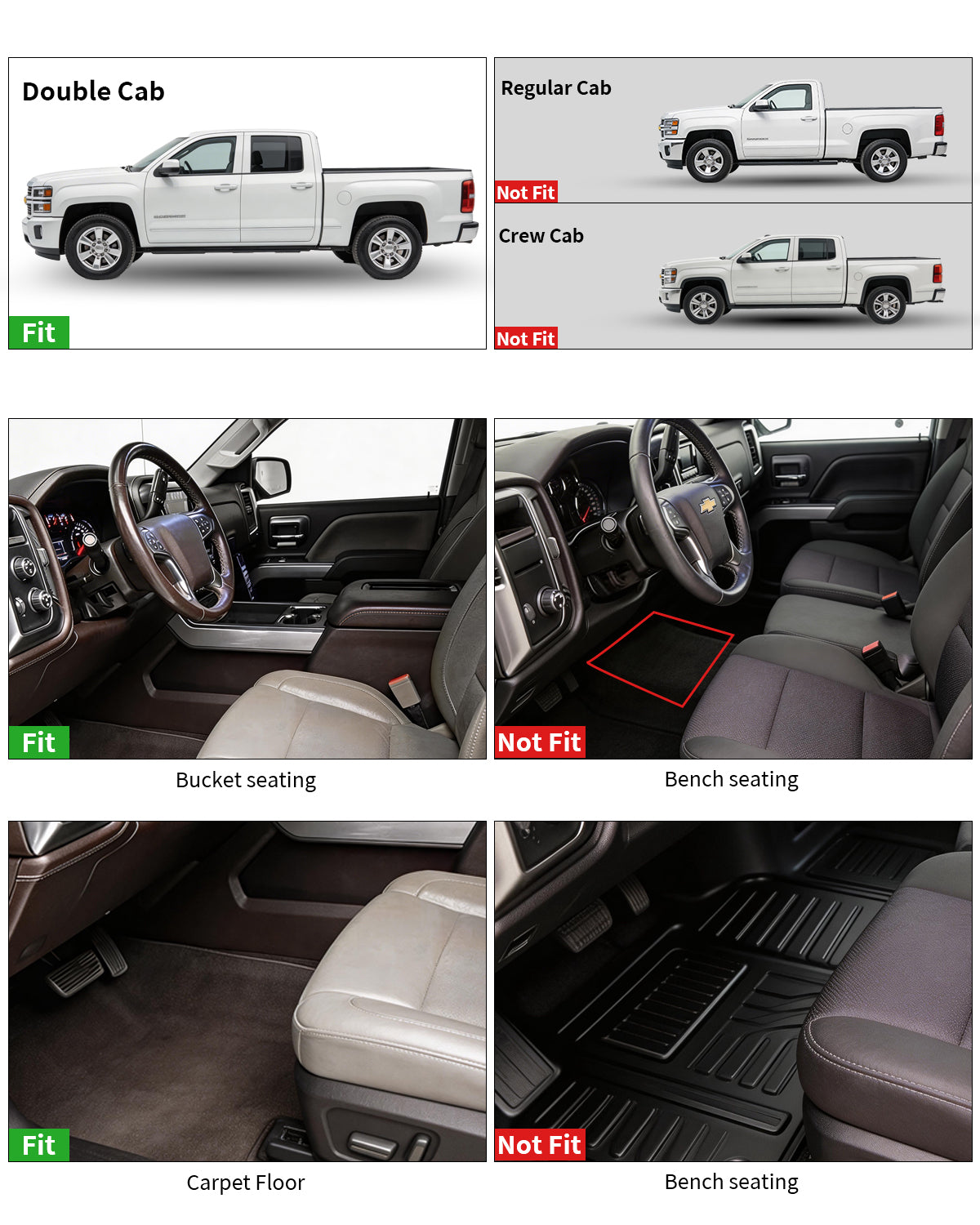 Umbrauto Custom Fit Floor Mats for Chevy Silverado/GMC Sierra Double Cab 1500 2014-2018, 2500HD/3500HD 2015-2019, All Weather TPE Truck Floor Liners for Carpet Floor, Front&Rear Row, Footwell Coverage