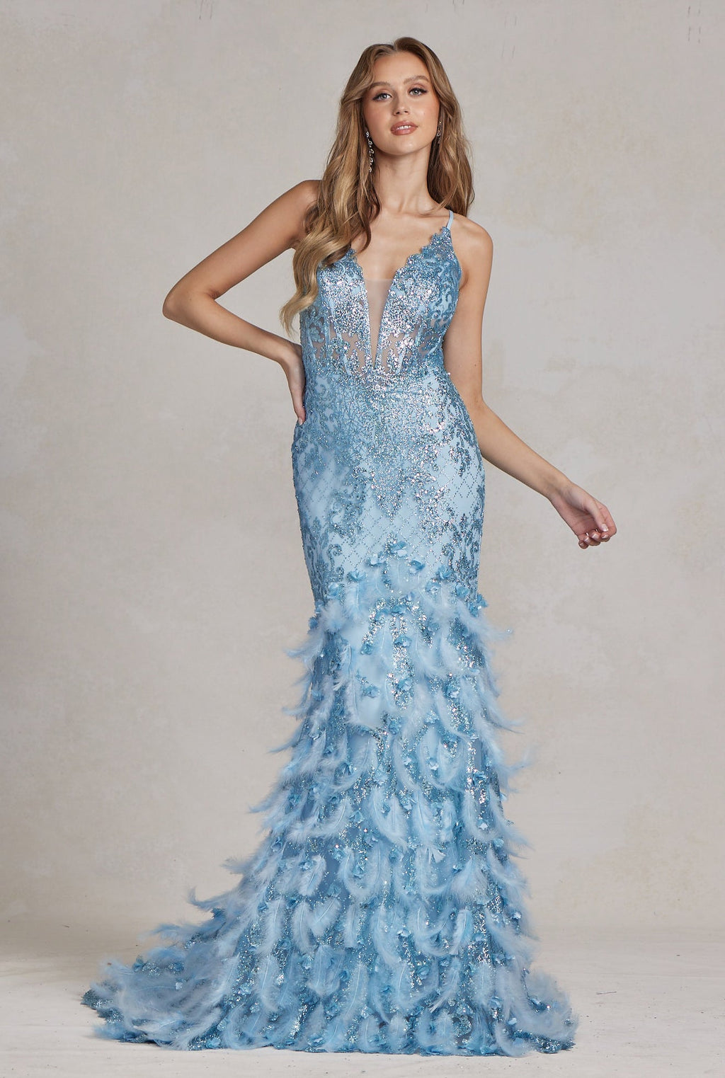Soft Feathers Embellished Dramatic Mermaid Gown w/Plunging Neckline & Lace up Back NXC1111