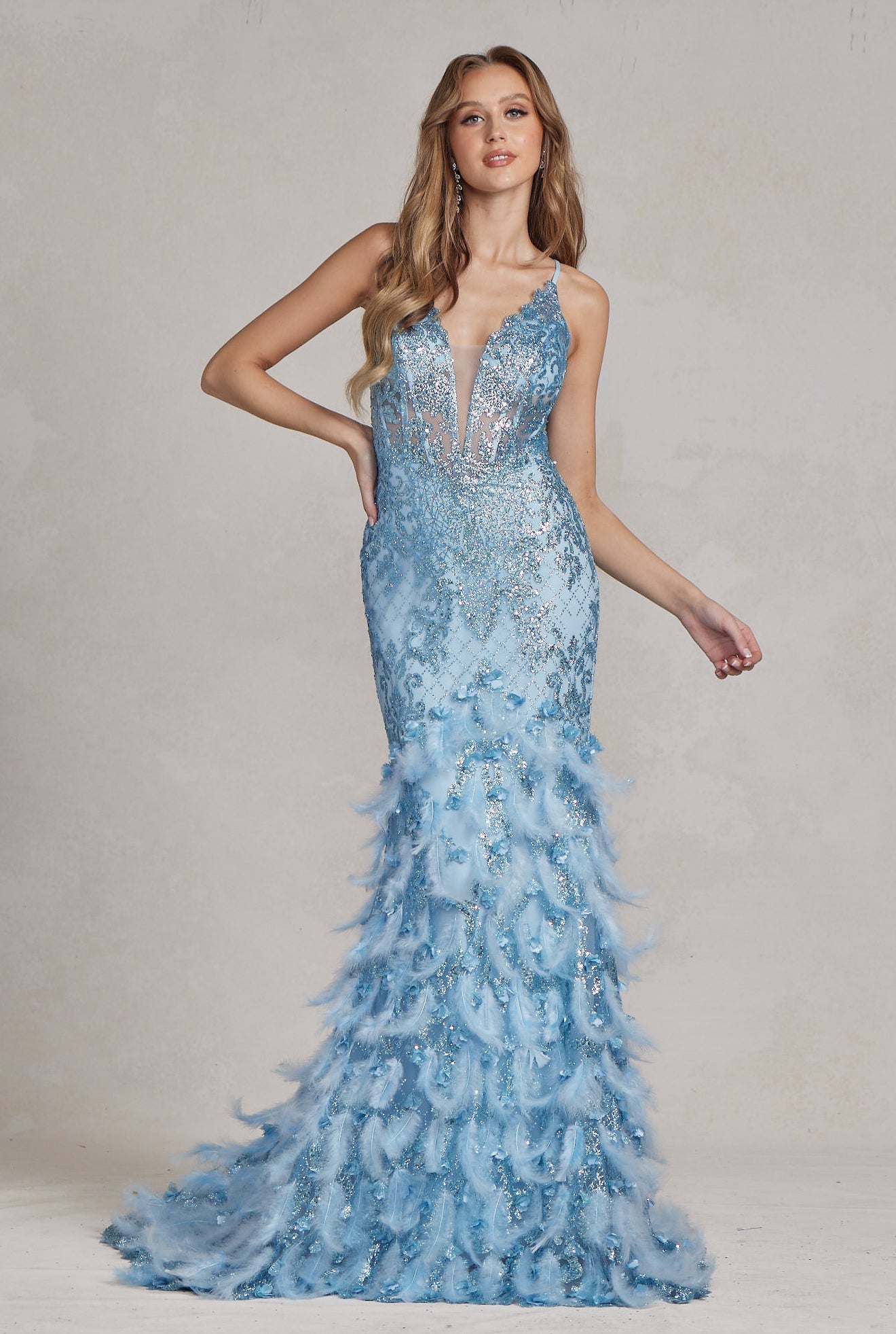 Soft Feathers Embellished Dramatic Mermaid Gown w/Plunging Neckline & Lace up Back NXC1111