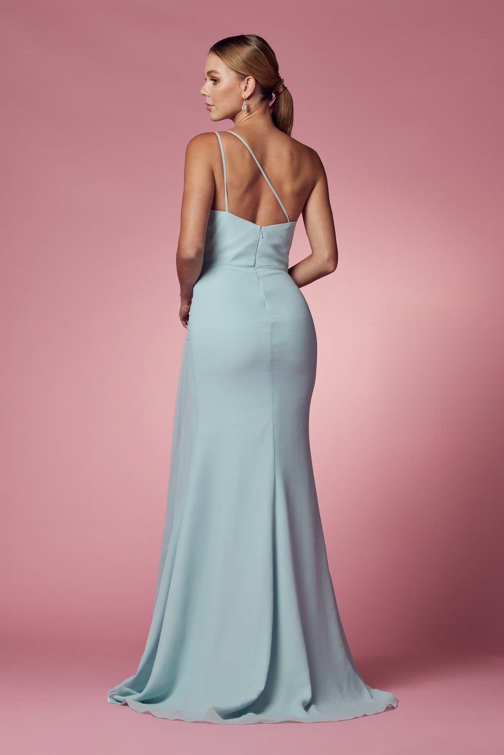 Sleeveless Sheath Bridesmaid Dress w/ One Shoulder Neckline & Pleated Details NXE1005