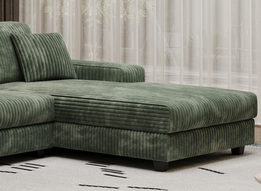 Convertible U-shaped Combination Sofa, Corduroy Fabric, Modern Comfortable Large Size 4 Seat Sofa, Living Room Double Lounge Chair ,Green