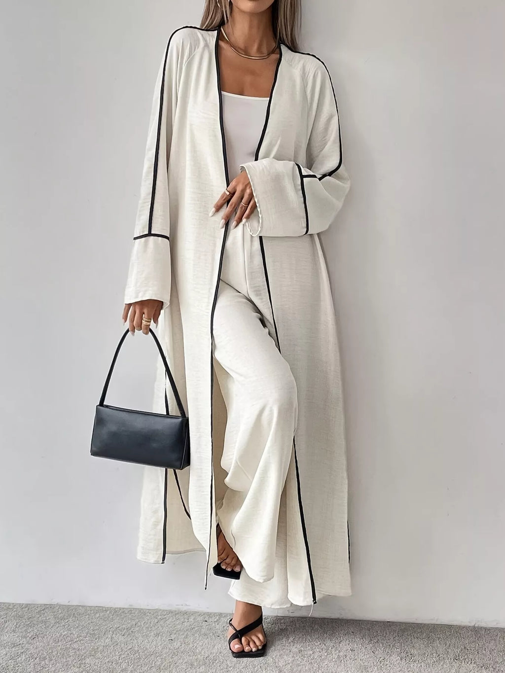 Contrast Trim Cardigan And Pants Set Two Piece Polyester Imported