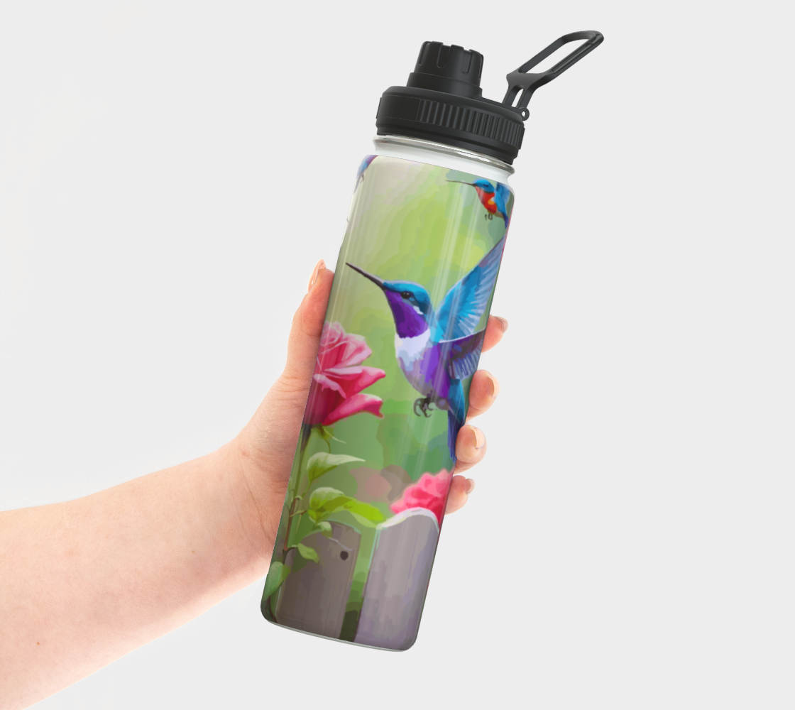 Hummingbirds and Pink Roses 24 oz Stainless Steel Water Bottle with Twist-off Cap