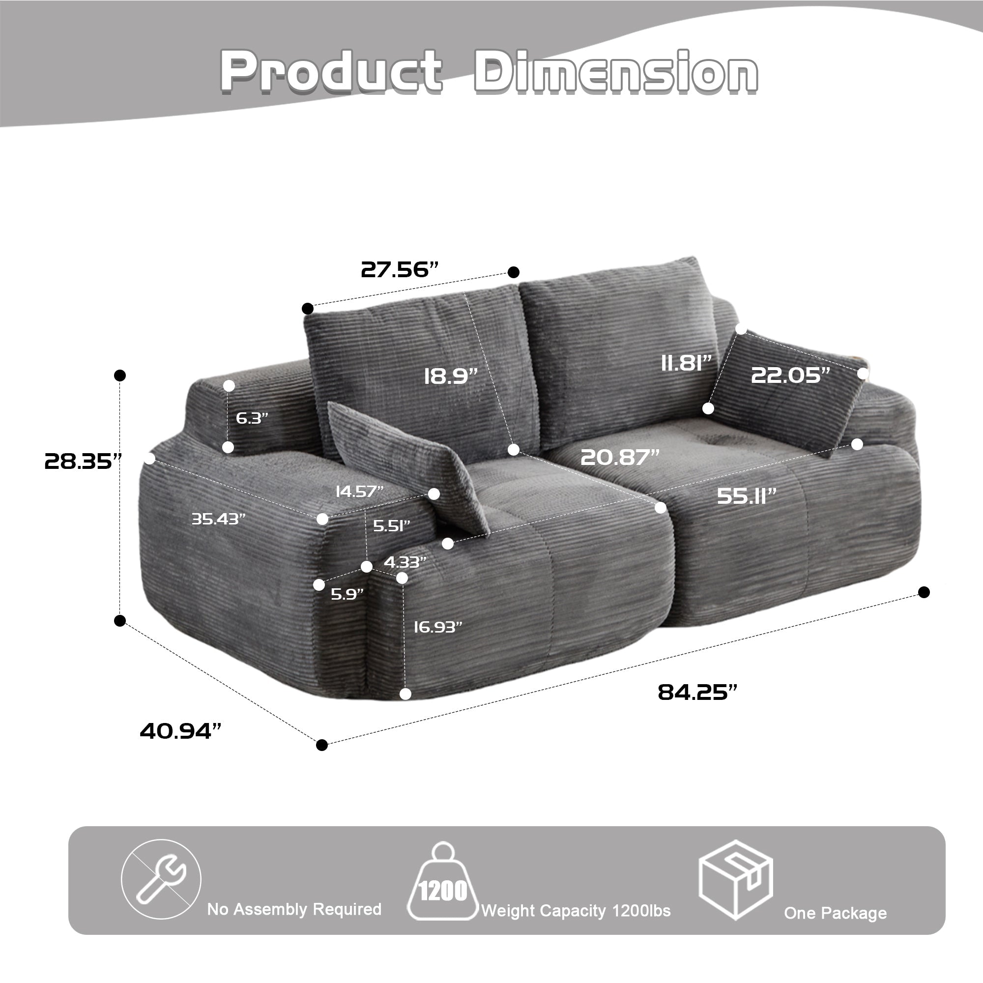 Modern Memory Foam Compressed Sofa,2 Seater Large Sectional Couches for Living Room,Pet-Friendly Cloud Modular Sectional Sofa,Corduroy Fabric,Extra Deep Loveseat,No Assembly required, Grey