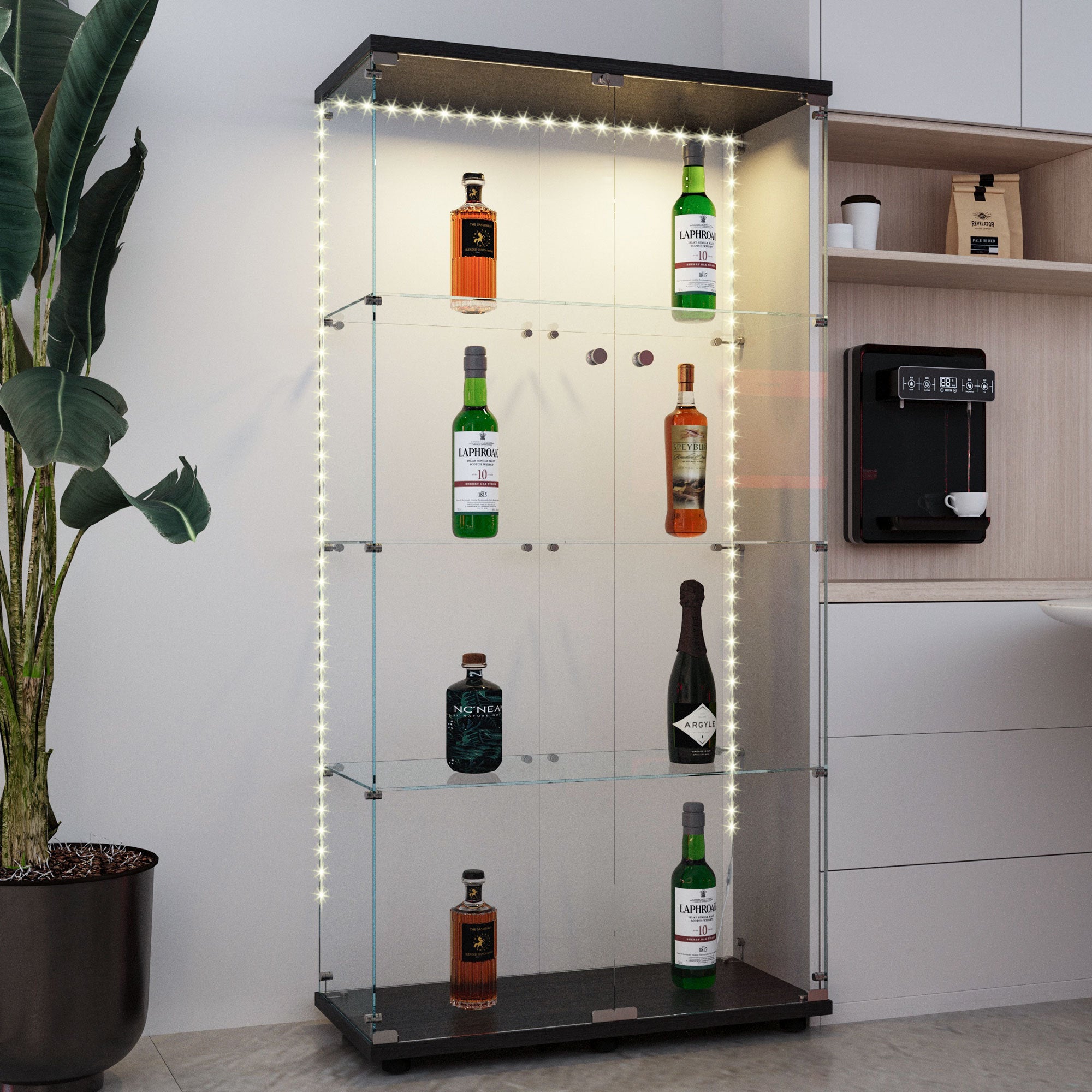 Tempered glass display cabinet, wine cabinet,storage cabinet,file cabinet,with Bluetooth LED light strip,lock on the door,equipped with cast,easy to move,for living room, bedroom,hallway,Office,black