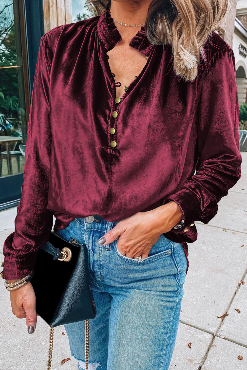 Red Velvet Frilled Buttoned V Neck Blouse Elegant Top