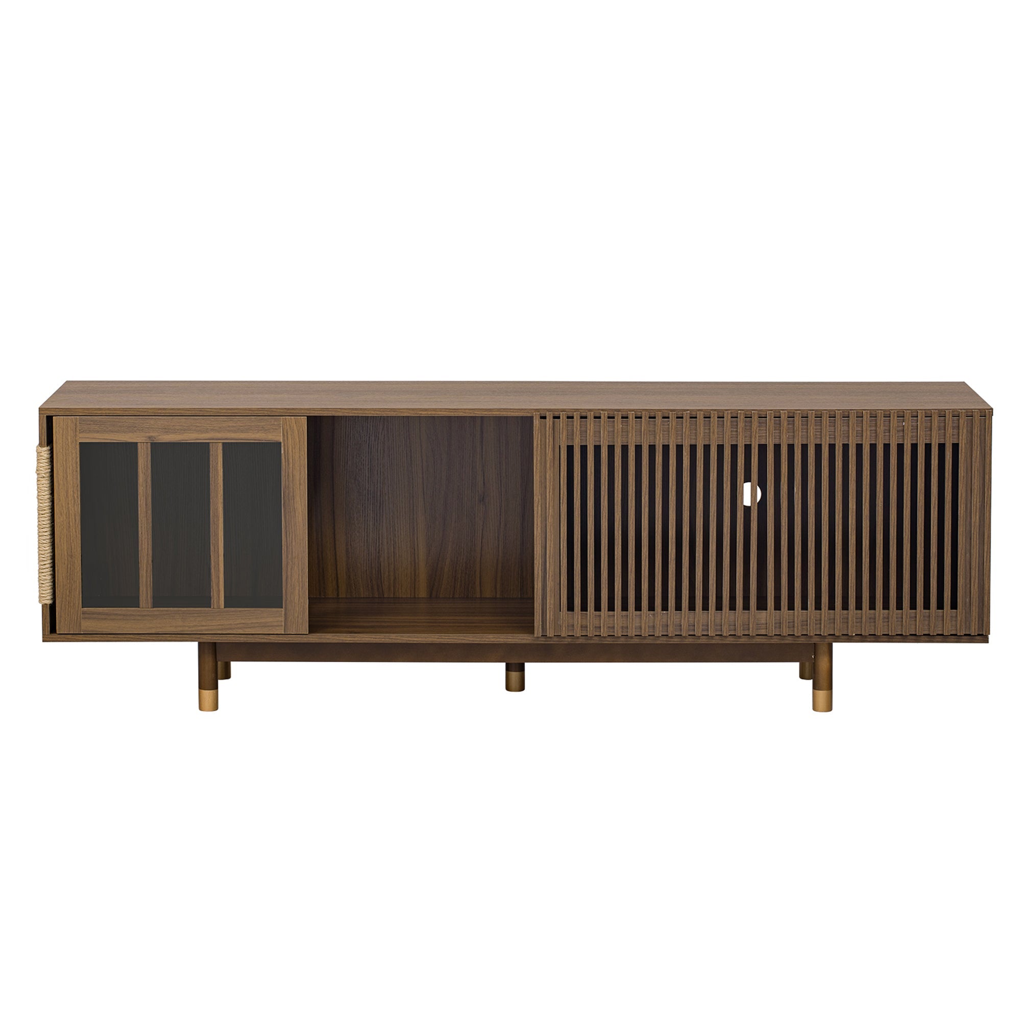 Mid-Century Modern style 2 IN 1 Cat Furniture Walnut TV STAND with Cat Scratcher, Cat house With Sliding Flip-down glass door