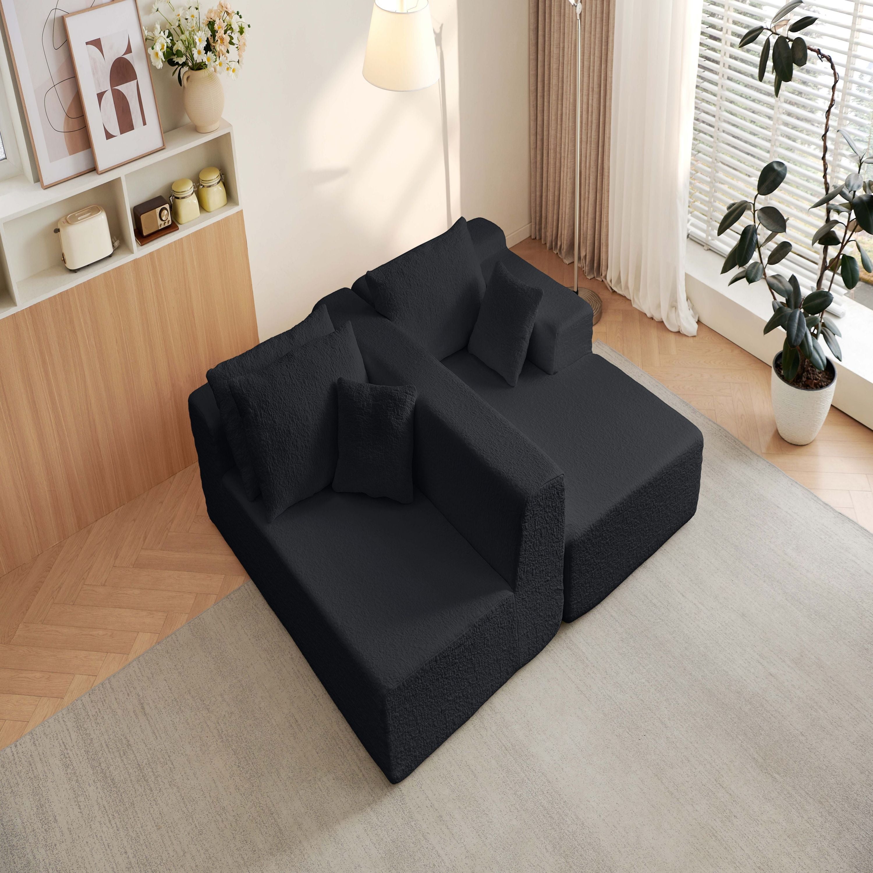 Modern Modular 104' Cloud Sectional Couch with L-Shape Chaise Upholstered in Black Chenille Fabric