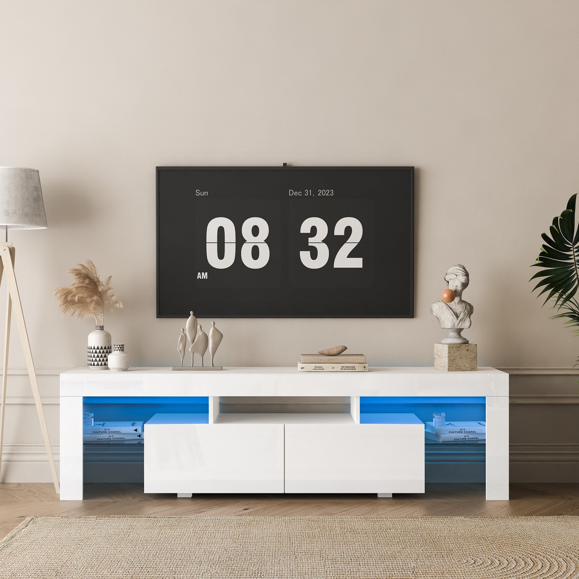 High gloss TV Stand with LED Lights for TVs up to 65'', Modern TV Console with Storage Cabinets for Living Room