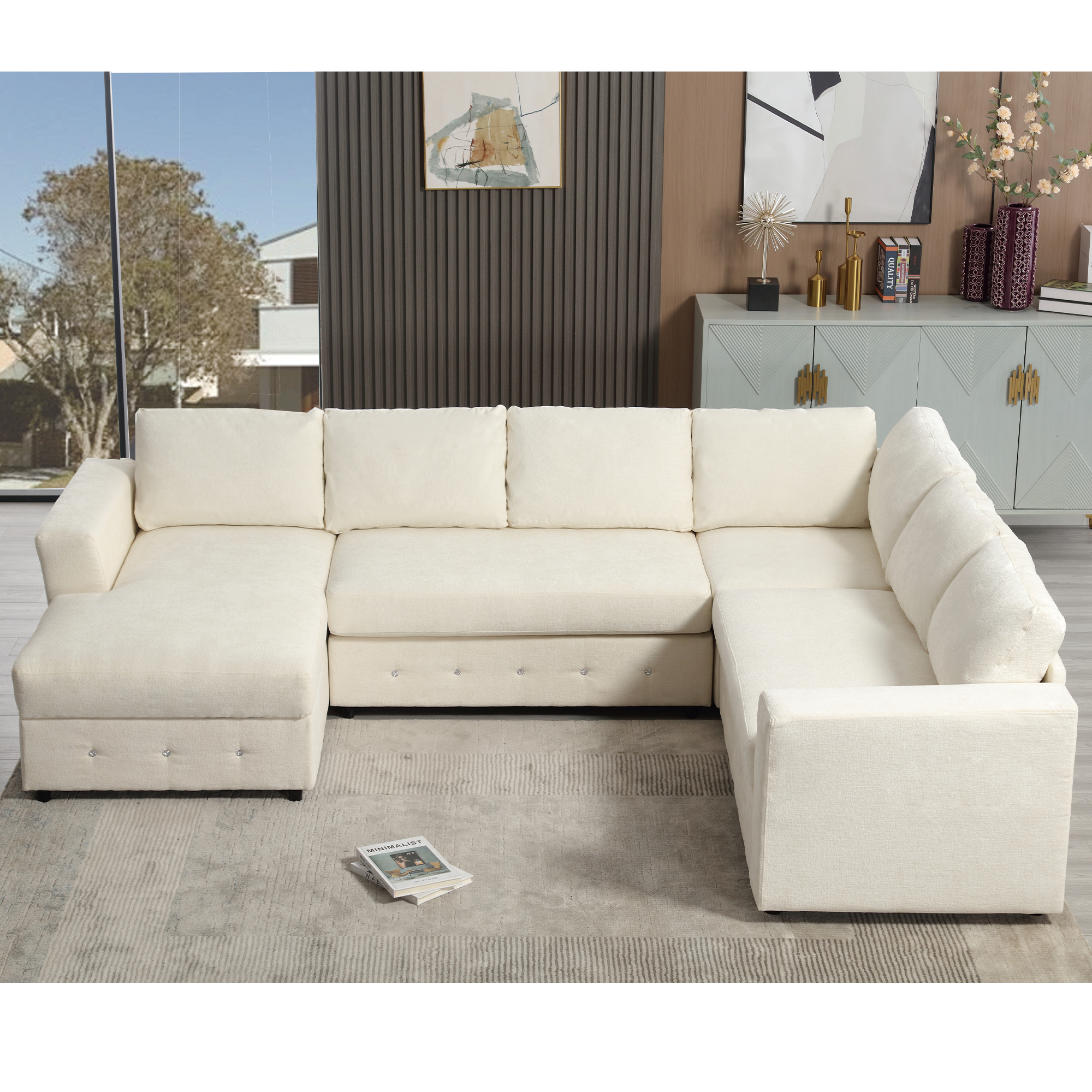 [NEW ARRIVED] [VIDEO PROVIDED]110.75' Sectional Sofa,Oversized modular sofa,Chaise Storage, Modern U Shaped  Couch , Upholstered Sofas,Chenille,Crystal button , Living Room, Apartment,  Beige