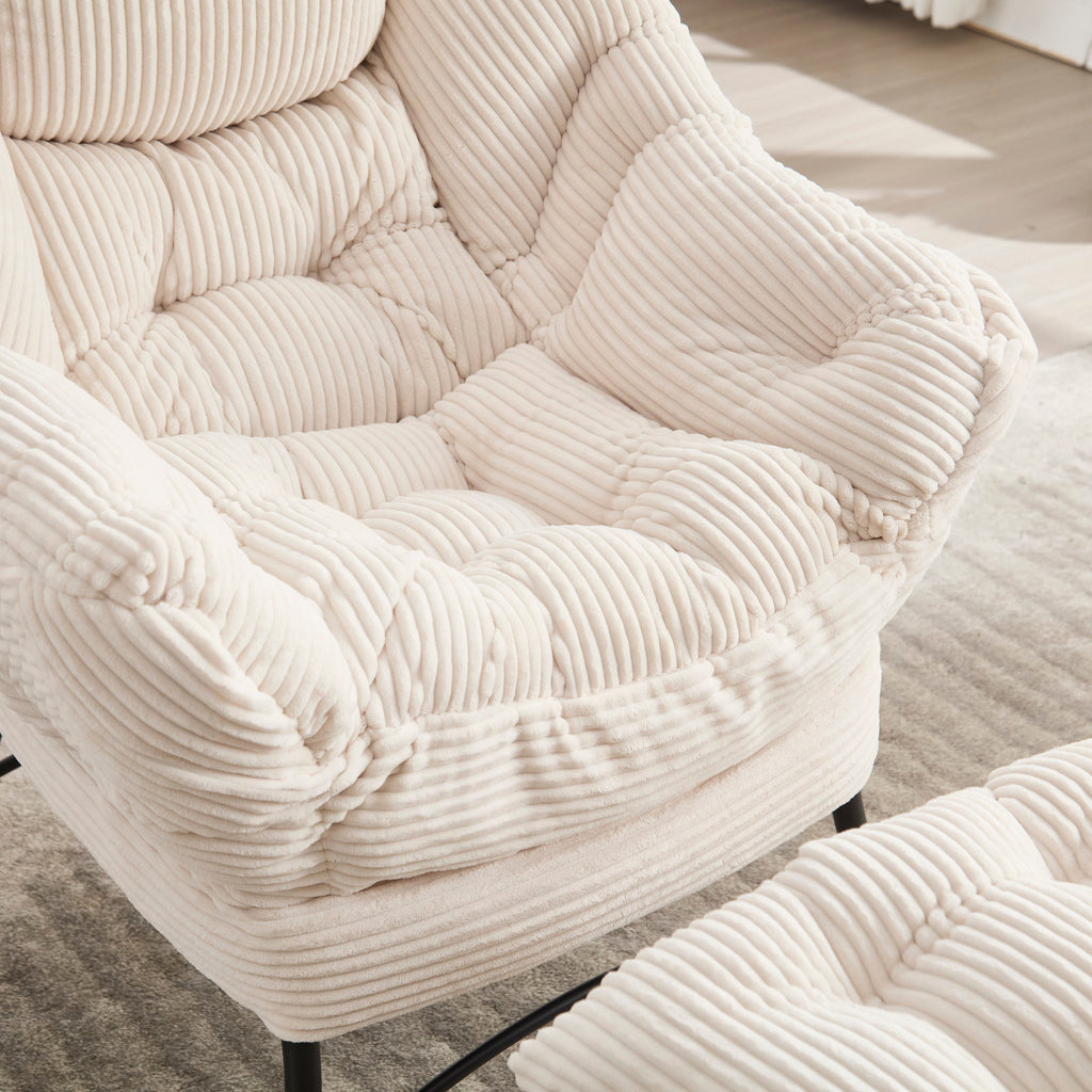 Lazy Chair with Ottoman, Modern Lounge Accent Chair with Armrests and a Side Pocket, Leisure Upholstered Sofa Chair Reading Chair with Footrest for Small Space, Corner Chair-White