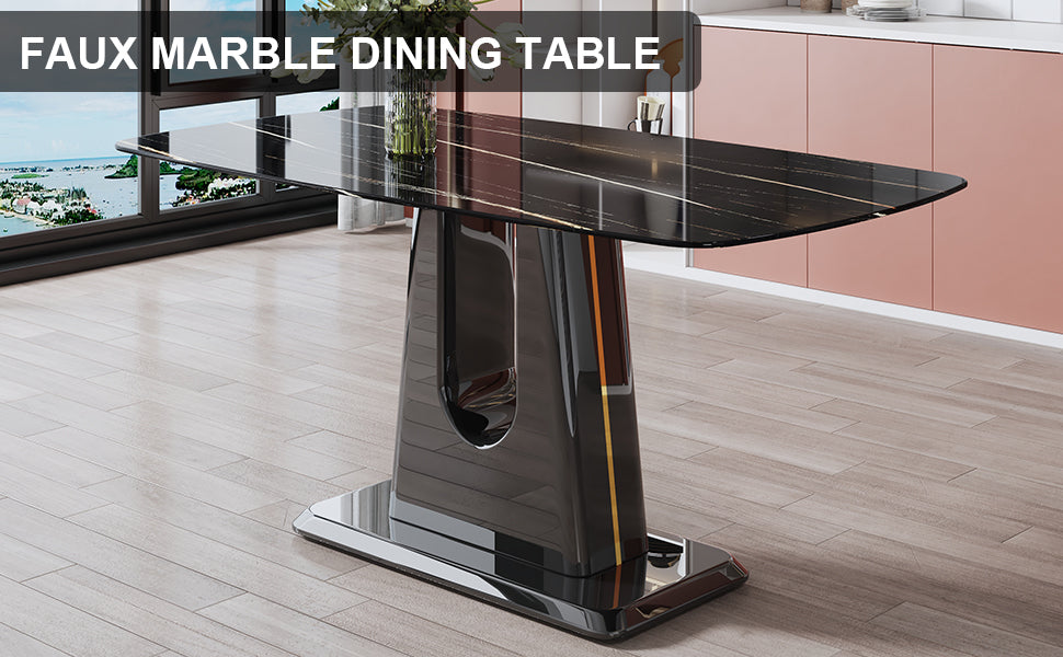 A modern, minimalist, and luxurious table. A black imitation marble tabletop with MDF U-shaped legs. Dining table, computer table. For restaurants and living rooms 63' * 35.4'* 30' F-U