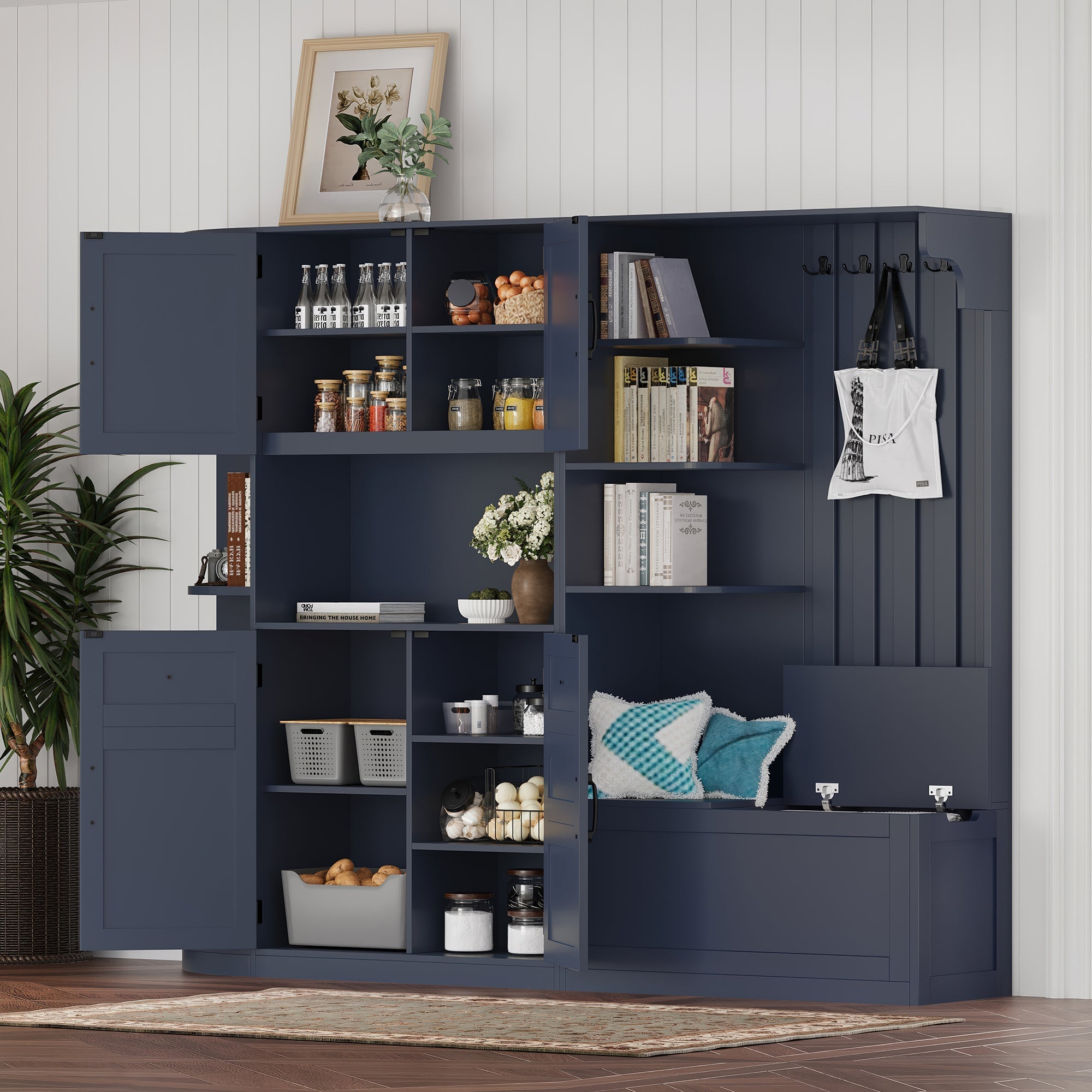 Multifunctional left-right combination hall cabinet (can be used separately) with storage and 4 hooks, storage cabinet/ hall tree 2 in 1 for living room, kitchen and hallway, antique blue