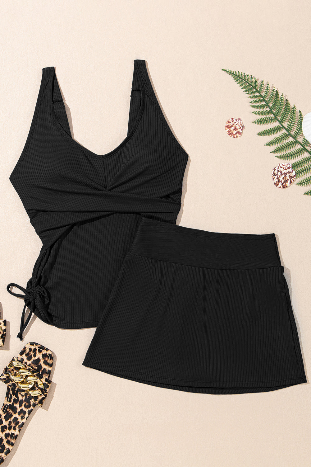 Solid Ribbed Knit Tankini & Skort Swim Set