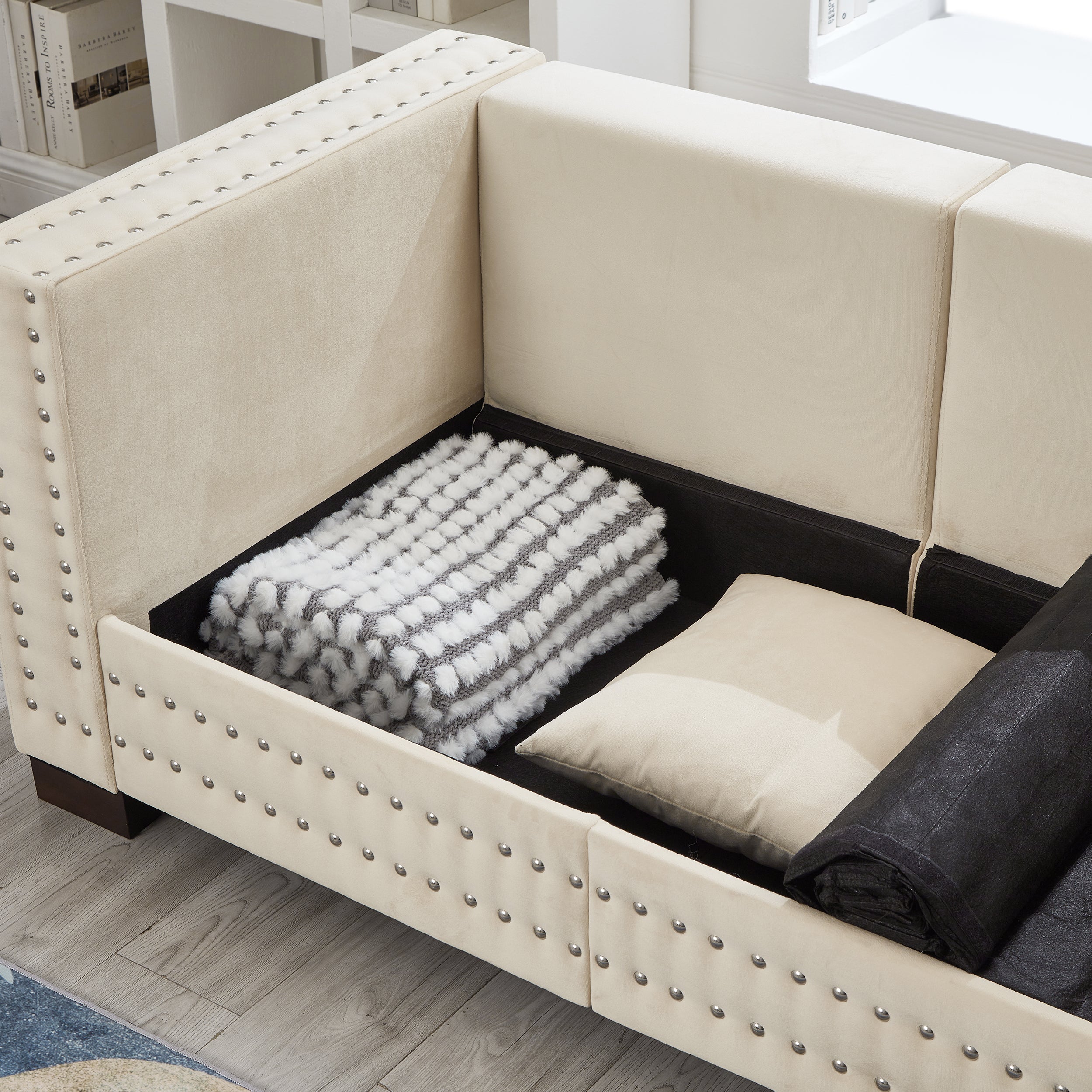Modern Design Living Room Sofa Square armrest with Silver Nails Decoration Upholstered Velvet Couch Apricot