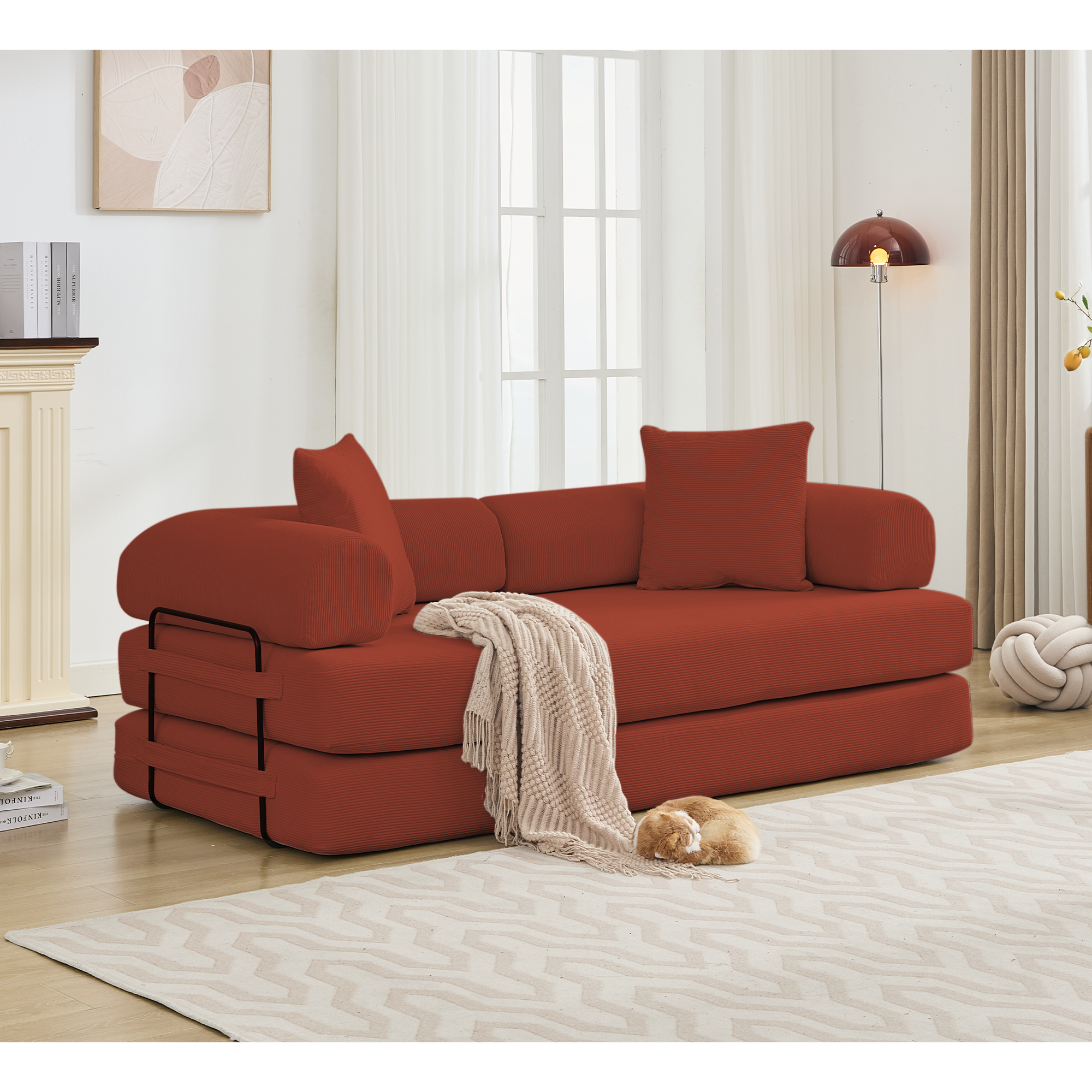[NEW ARRIVED] [VIDEO PROVIDED] 78.5' Folding Convertible Out Sleeper Sofa Bed,5-in-1 DIY Combination Convertible  Sofa, 3 seat, Folding Sleeper Sofa, King Size , Bedroom,Apartment,Corduroy,Ancora Red
