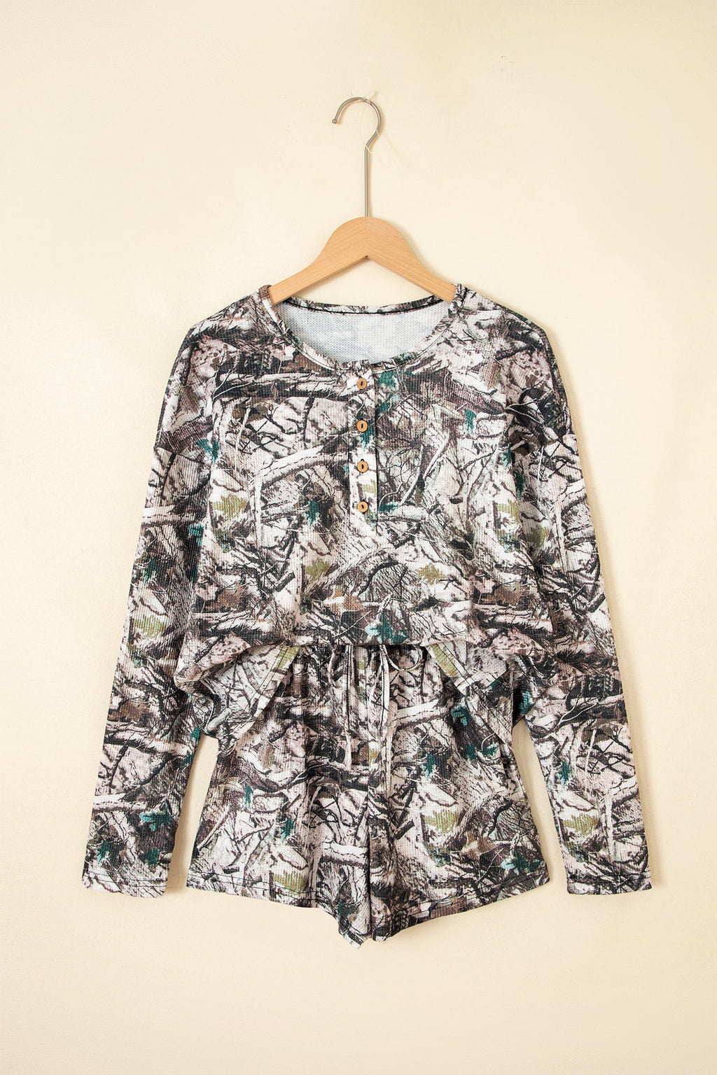 Camo Long Sleeve Top & Elastic Waist Shorts Set