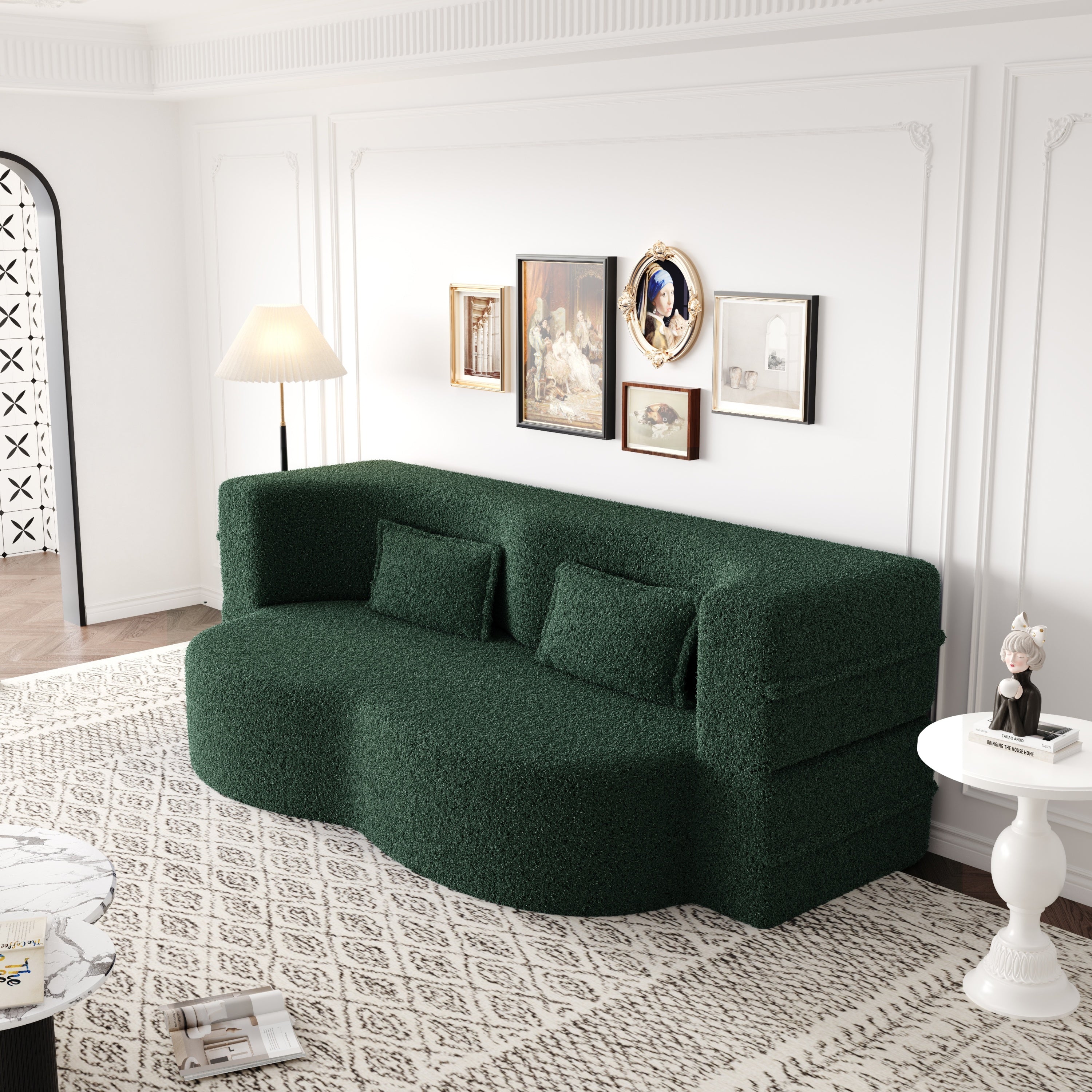 Modern Floor Sofa with 2 Pillows,Convertible Teddy Fabric Foam Filled Sleeper Sofa Bed,15 ' Full Size Folding Mattress for Living Room,Guest Bed,Playroom,no assembly required,Green