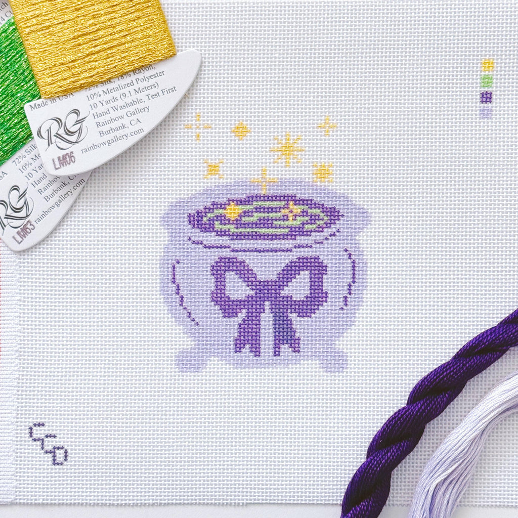Cotswold Co Designs - Magic Cauldren Halloween Needlepoint Canvas, 18 mesh, 4x4” design, modern trendy needlepoint canvas, bow Halloween needlepoint