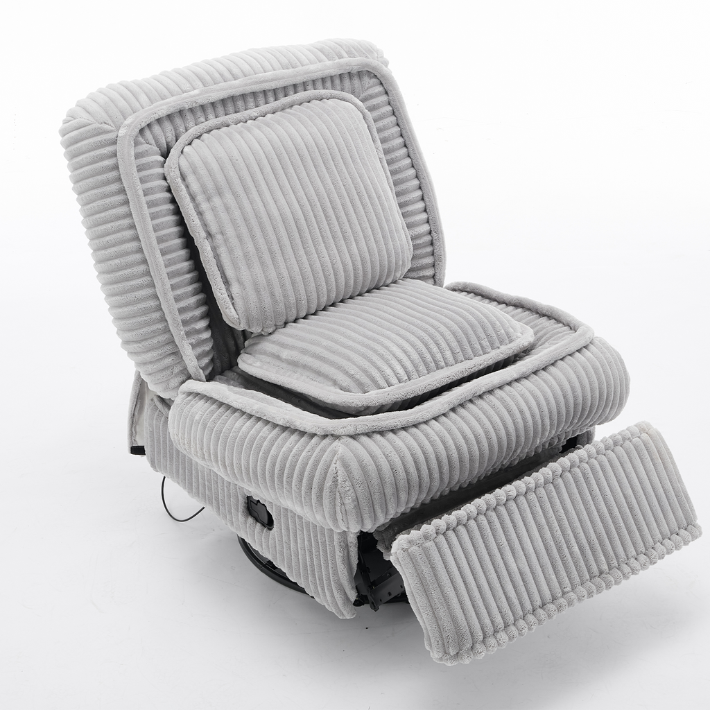 [NEW ARRIVED] 360° Swivel Rocking Single Sofa,Recliner Sofa, Manual Glider Rocking Armless Chair,Living Room Office, With Adjustable Backrest and Footrest and pillows, Small Spaces,Corduroy , Gray