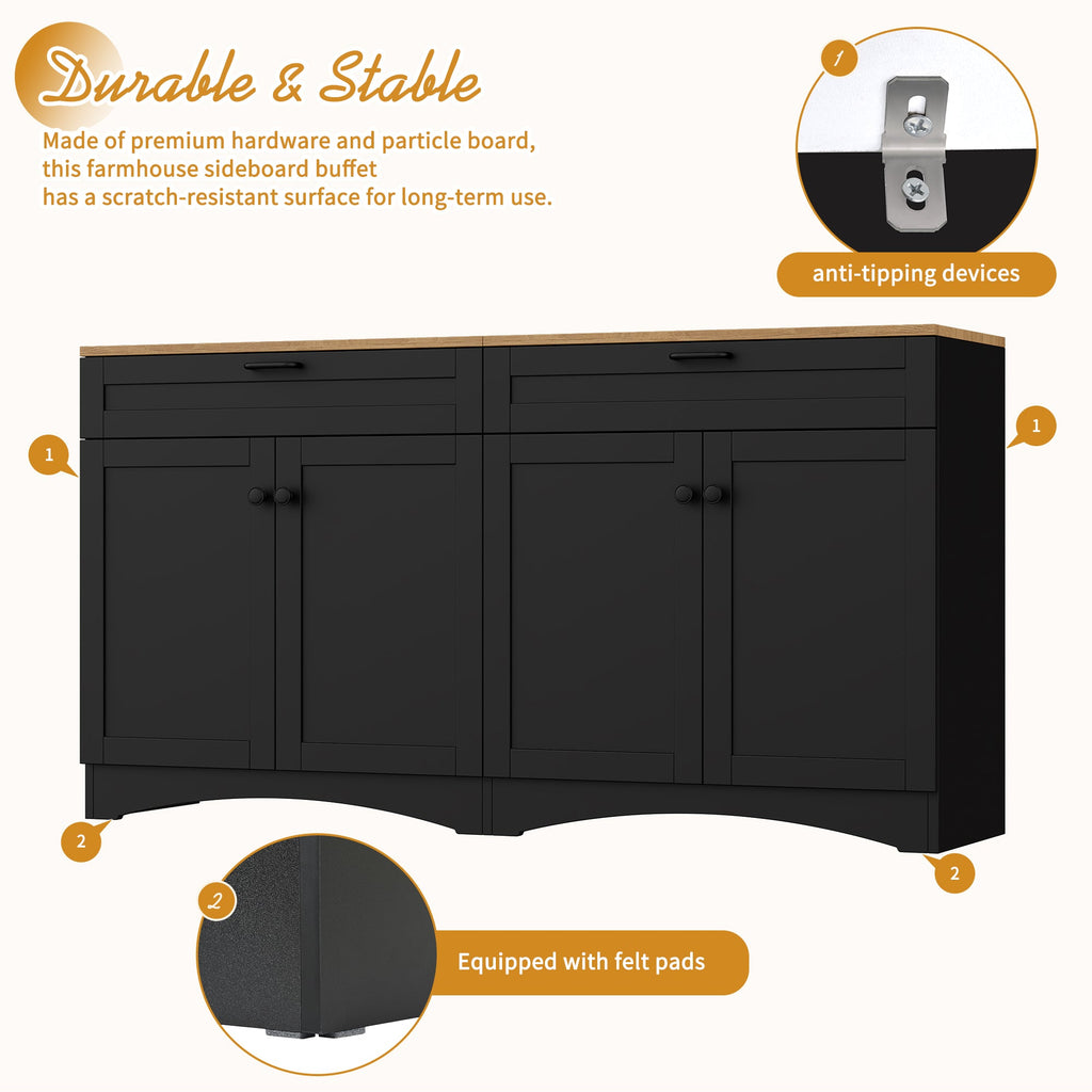 ON-TREND Farmhouse TV Stand with 2 Drawers for TVs Up to 70', Versatile Wood Grain Sideboard with Adjustable Shelves, Mid-Century Buffet Cabinet with Rustic Handles for Living Room/Bedroom, Black