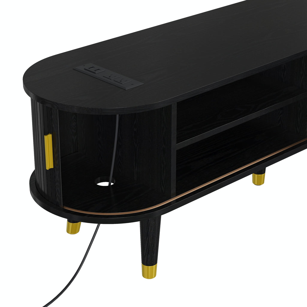 [Assembly Video]Wooden Oval Fluted TV Stand with Charging Station for TV up to 80', Mid-Century Media Console with Sliding Tambour Door, Farmhouse TV Cabinet with Golden Handle for Living Room, Black
