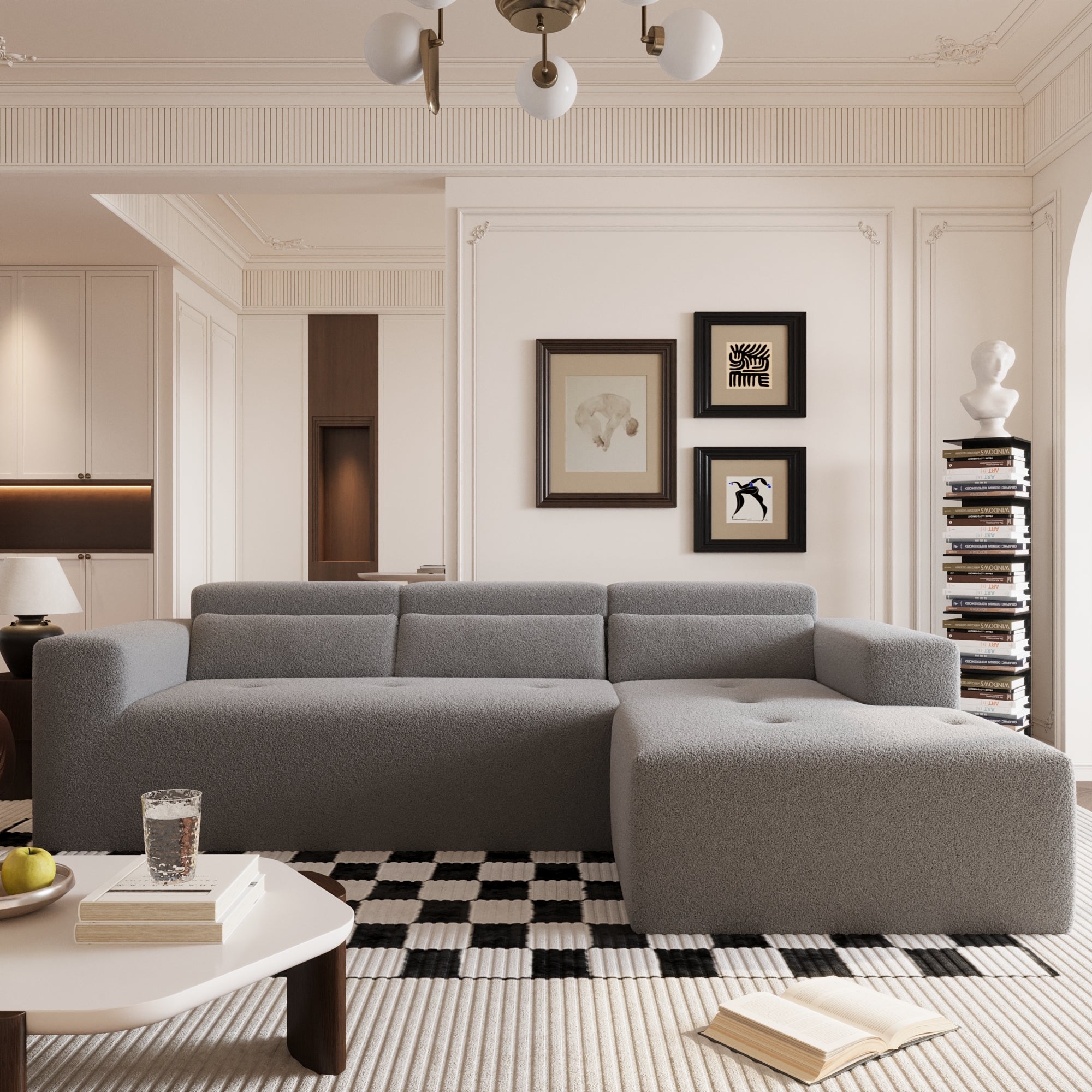 109'' Modern Modular Sectional Sofa, Teddy Fabric L Shaped Couch, 3 Seat Corner Sofa Couch, Modern Upholstered Couch with Chaise & Pillows for Living Room Apartment, No Assembly Required