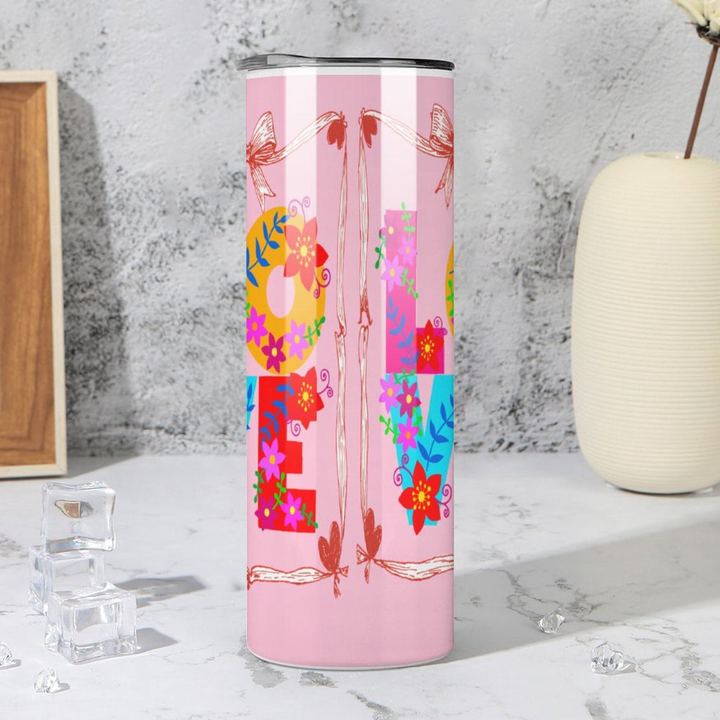 Floral LOVE Pink 20oz Skinny Stainless Steel Straight Tumbler with Lid