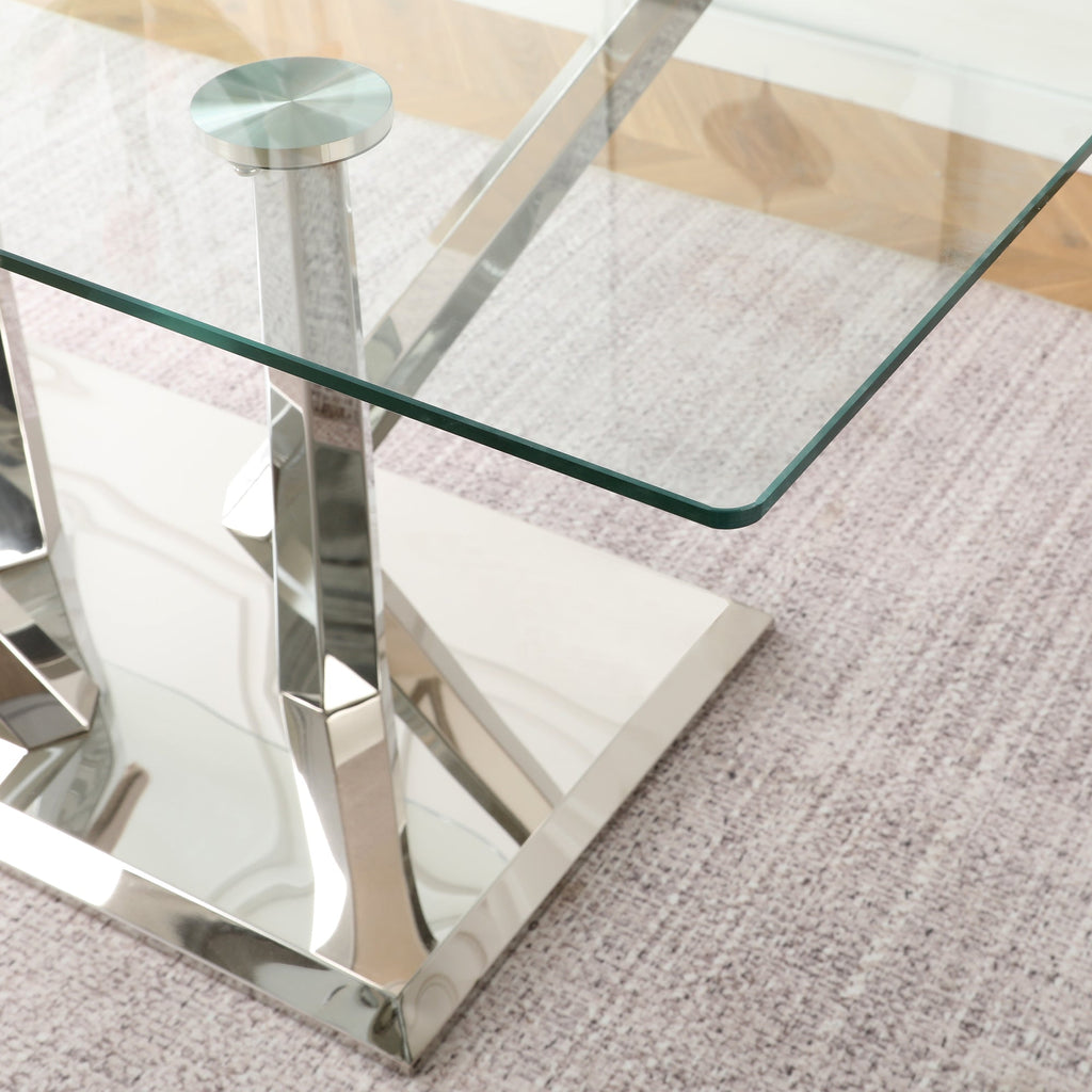 Modern style glass dining table, elegant transparent design, sturdy stainless steel base, Light gray dining chairs set, electroplated chair legs, suitable for dining room and kitchen (set of 7)