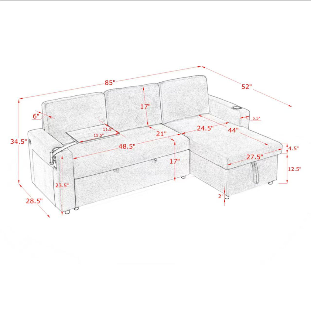 Modern Chenille Multi-functional Pull-Out Bed Sofa with Retractable Table and LED Lighting, USB Charging Ports and Cup Holders, Green