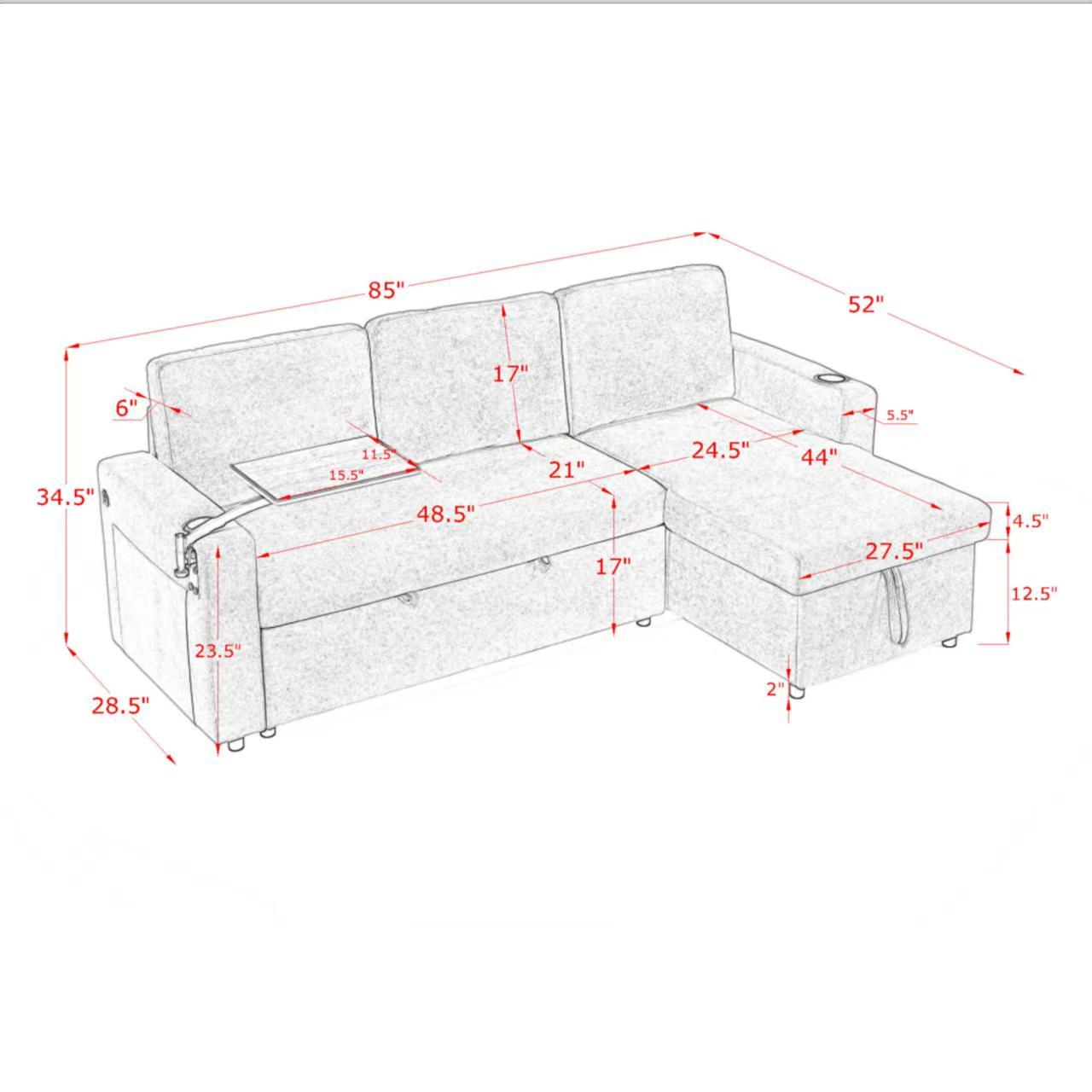 Modern Chenille Multi-functional Pull-Out Bed Sofa with Retractable Table and LED Lighting, USB Charging Ports and Cup Holders, Green