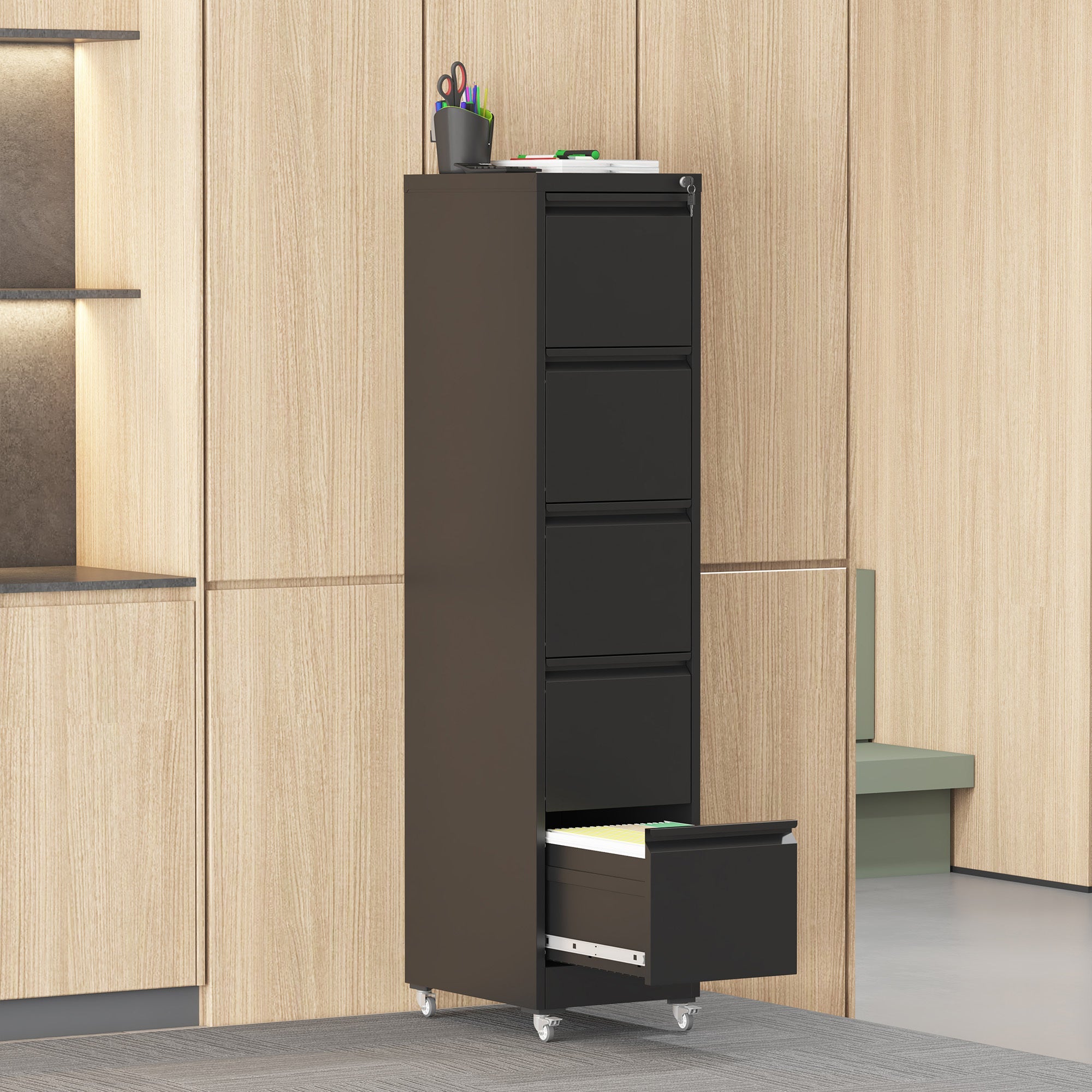 Heavy Duty Black Metal 5 Drawer Vertical File Cabinet with Lock and Wheels for Home Office