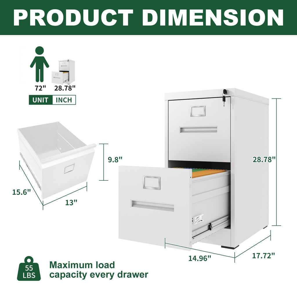 Premium 2 Drawer File Cabinet with Lock, Metal Vertical Design, A4 Legal/Letter Size, White Steel, Compact Dimensions